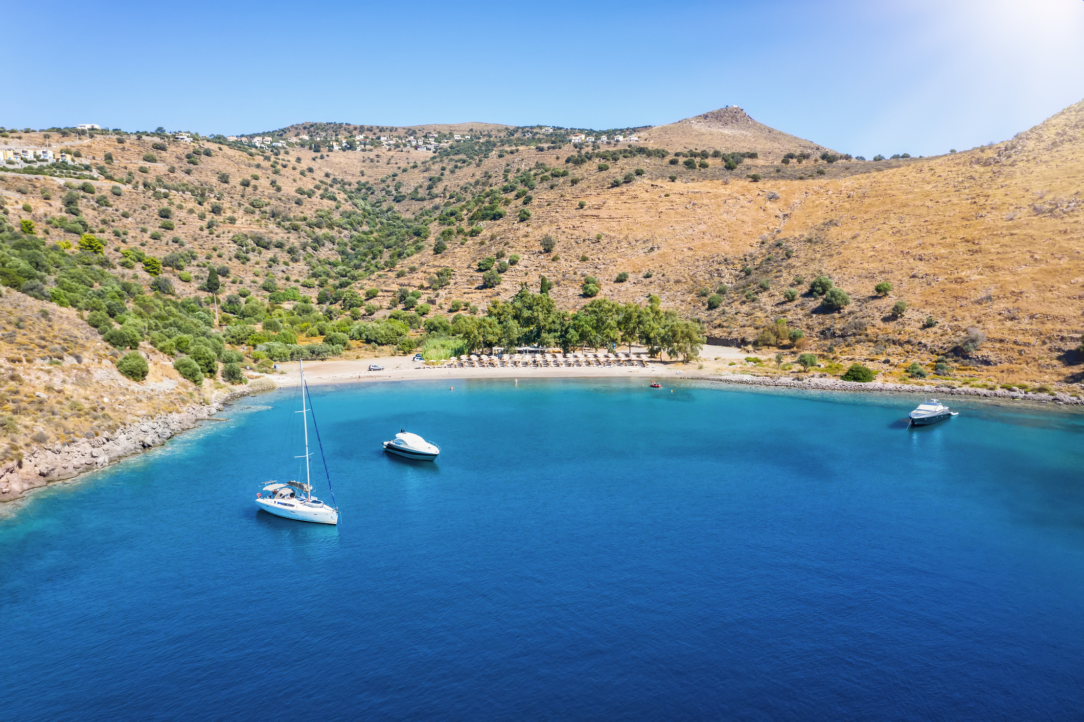 Aerial view to the beach of Klima on the island of Aegina, Greece