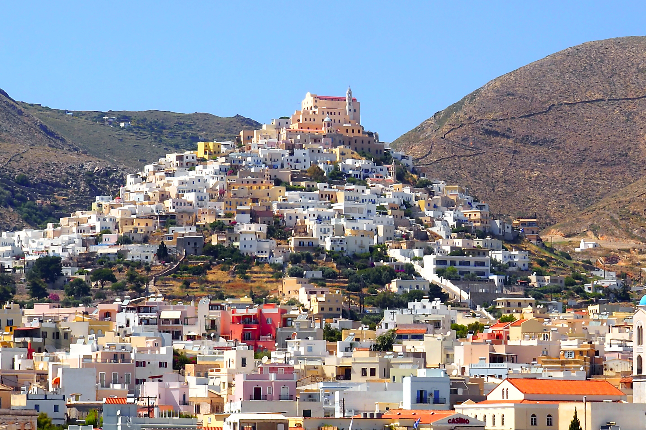 the city of Ermoupoli, "the city of Hermes", overlooked by two cathedral, one of which is Catholic, is the capital city of Syros, beautiful Cyclades island in the heart of the Aegean Sea
