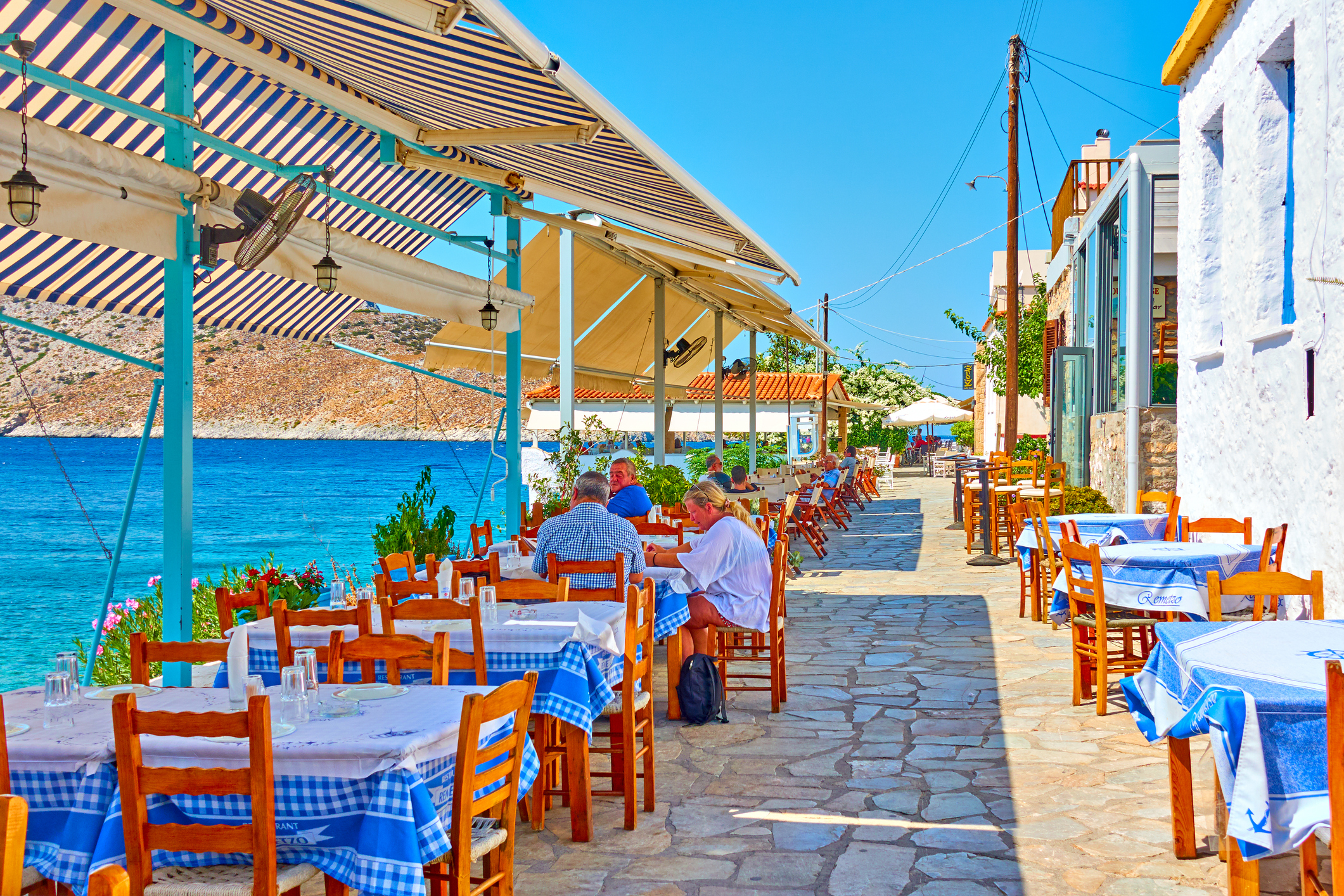 Seafood restaurant at waterfront by the sea in Perdika