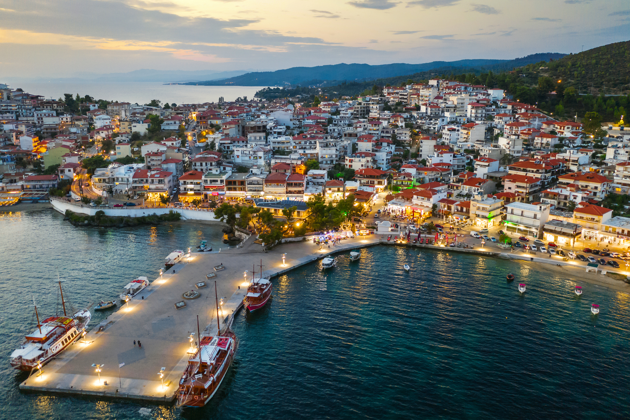 Aerial sunset view of Neos Marmaras village, Sithonia peninsula of Halkidiki
