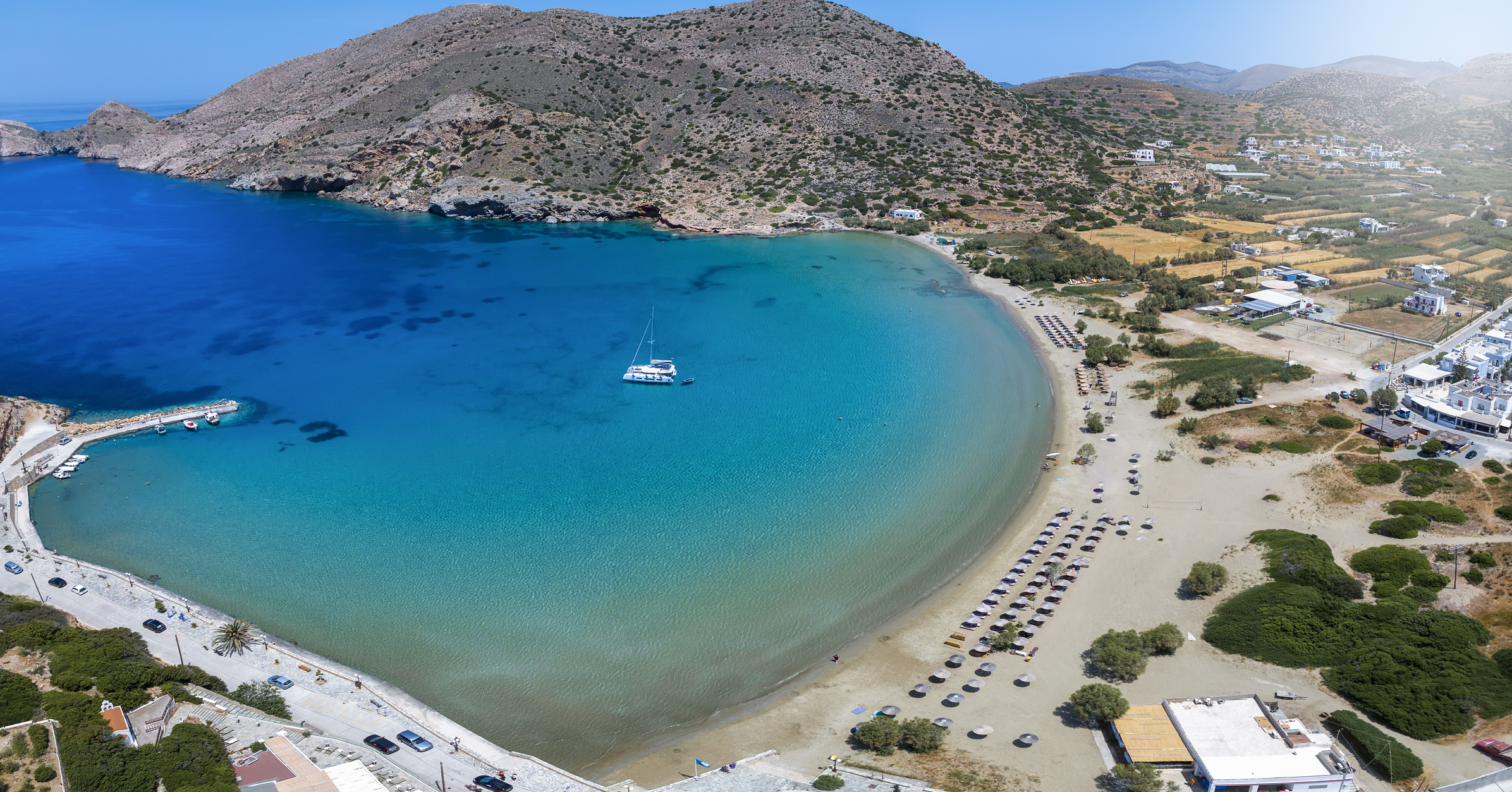 Aerial view of the beautiful Galissas beach, Syros island
