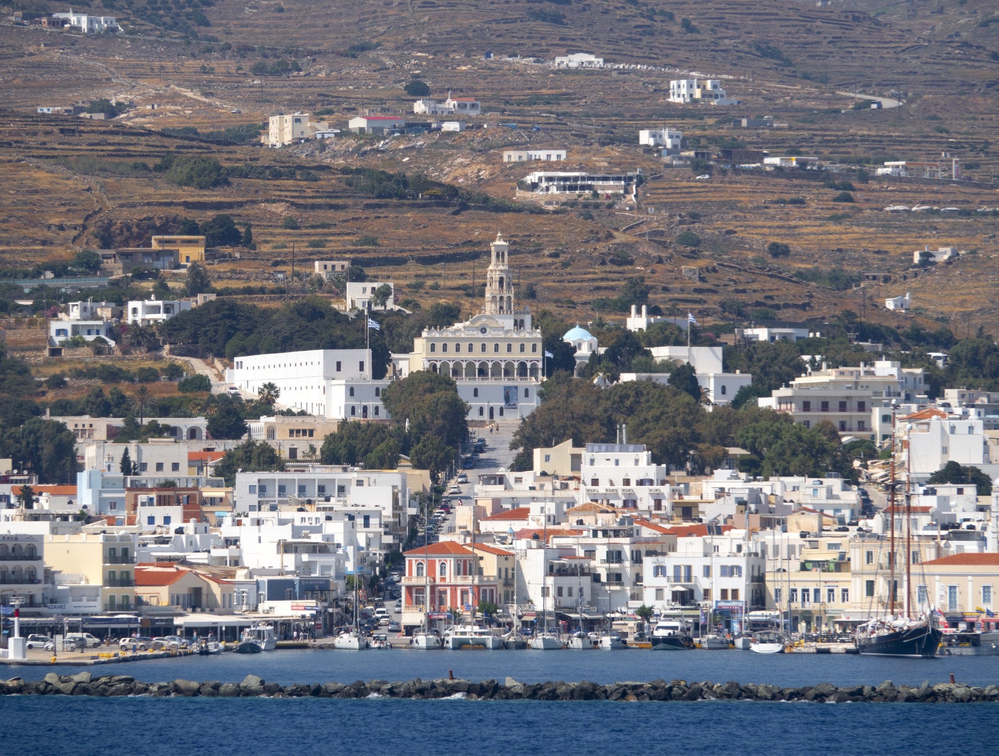 Sea view of capital of island Tinos and church Of Panagia Evangelistria On Tinos