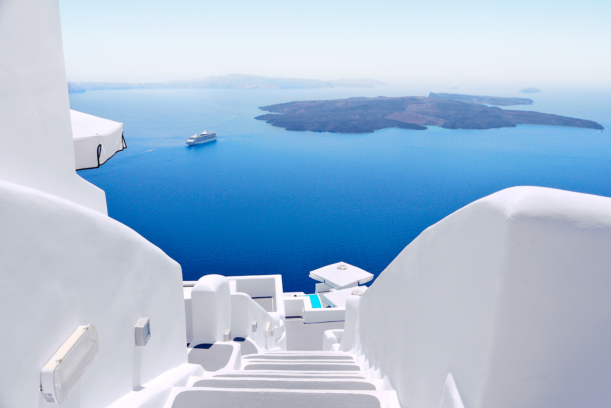 White staircases and Mediterranean sea view on Santorini, Greece