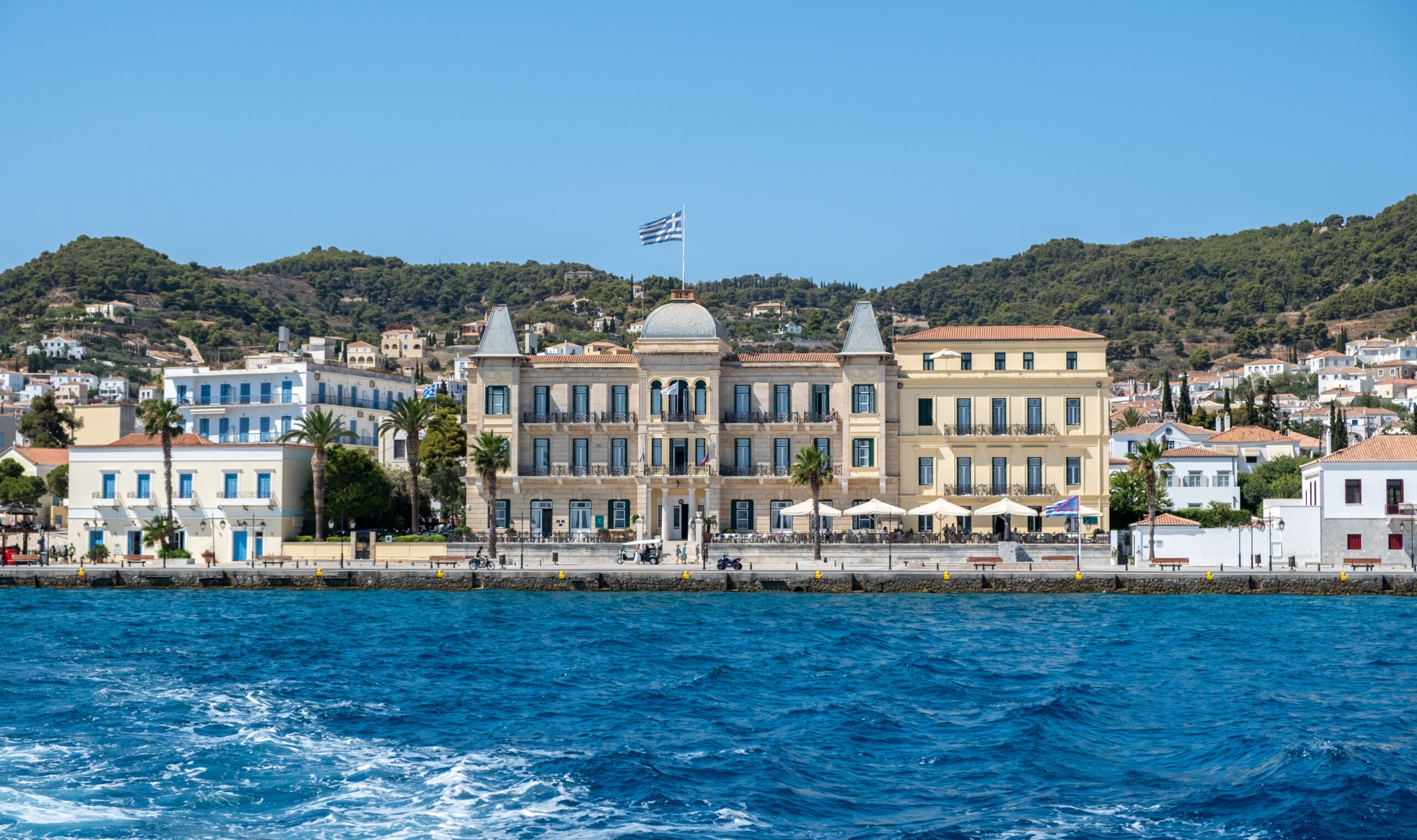 Spetses,Island,,Saronic,Gulf,,Greece.,Seafront,Buildings,View,From,The