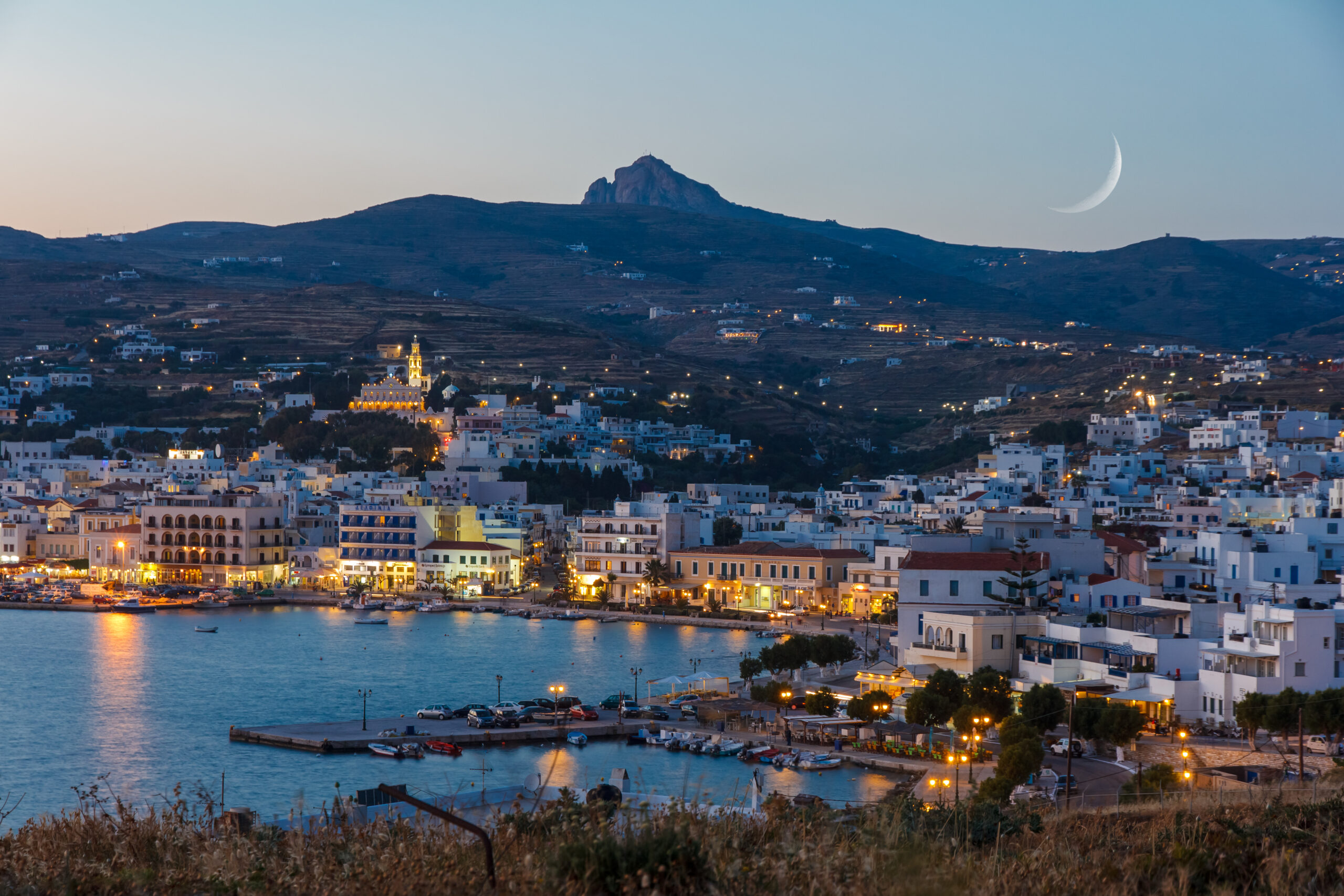 Tinos,Island,At,Cyclades,,Greece,In,The,Evening,With,Moon